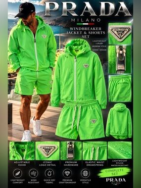 Prada Men’s Bright Green Hooded Windbreaker Jacket/w/Shorts🔥New! Size: XL